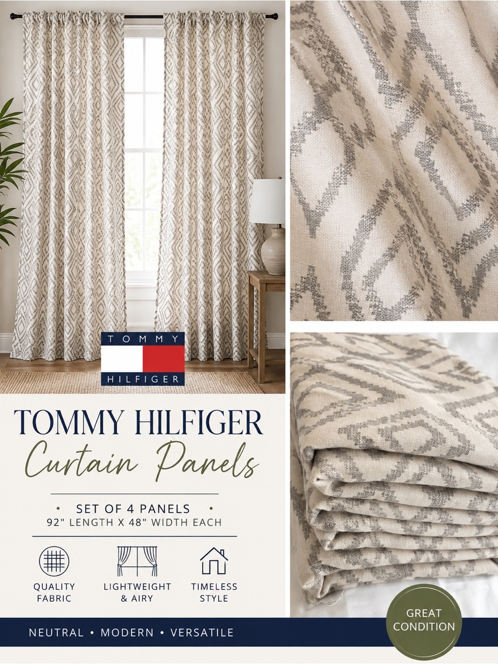 Tommy Hilfiger Cream and Light Gray Geometric Curtain Panels